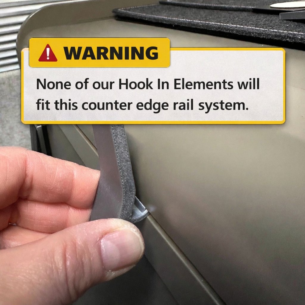 Motorhome counter edge rail system — Hook-In Elements products do not fit this type of rail